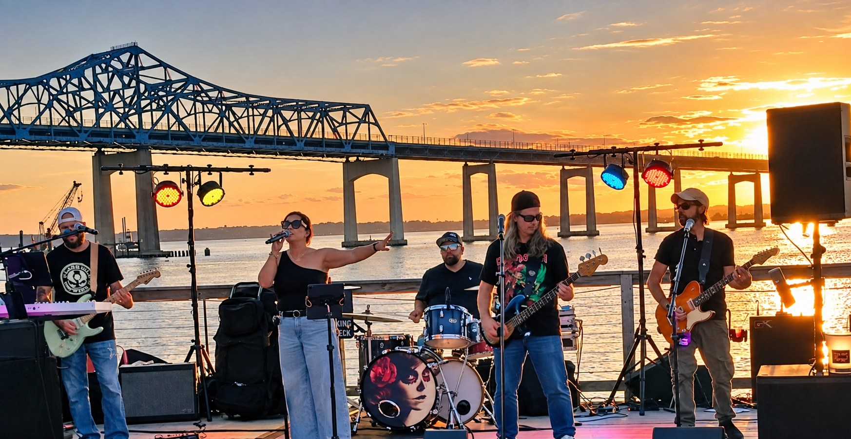 Lights Out performing live on an outdoor stage at sunset